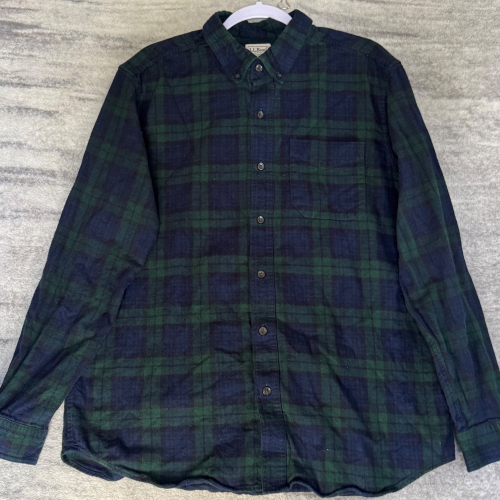 LL Bean Mens Black Watch Plaid Flannel Shirt Traditional Fit Green Navy L-Reg